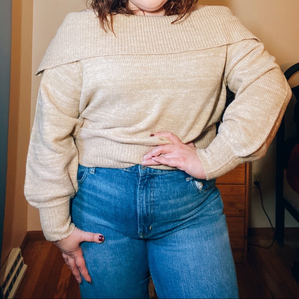 ELOQUII Off the Shoulder Beige Sweater